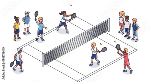 Tennis Players in Action on Court.