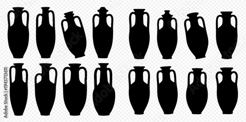 Set of Ancient Greek Amphora Silhouettes on Transparent Background.