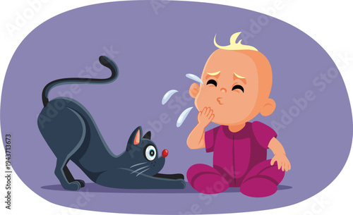 Baby Suffering from Cat Allergy Vector Illustration. Sneezing little having an allergic reaction to his family pet 