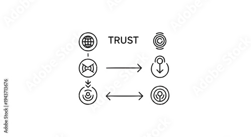 Trust concept with interconnected icons and arrows symbolizing relationships.