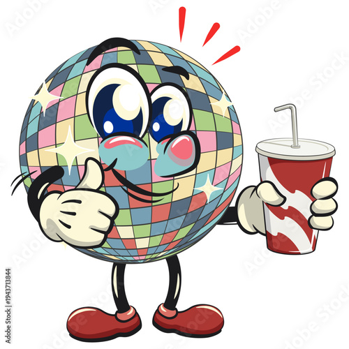cute disco ball mascot character a large glass of soda drinks while giving a thumbs up, isolated vector illustration, work of hand drawn