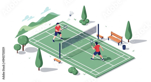 Tennis Players on Court Illustration.
