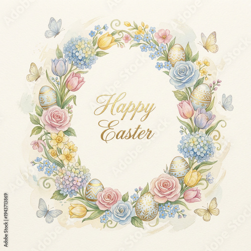 Luxury Watercolor Easter Wreath with Golden Eggs and Flowers