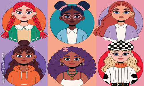 Diverse group of illustrated women with varying hairstyles and skin tones in circular frames high quality