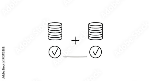 Two Stacks of Coins Connected by a Line and Checkmarks.