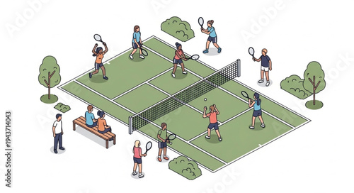 Tennis Players on Courts Illustration.