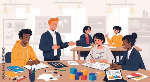 Students in classroom learning from teacher during lesson, collaborative education and teamwork