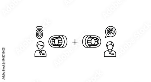 Two people interacting with technology and communication icons.