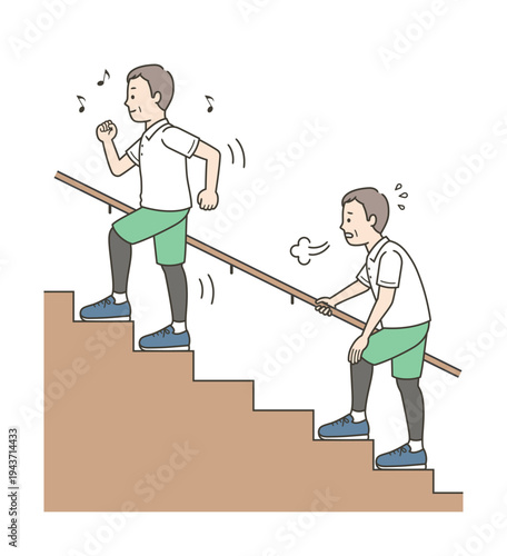 元気に階段を上るミドル世代の男性と辛そうな男性のイラスト