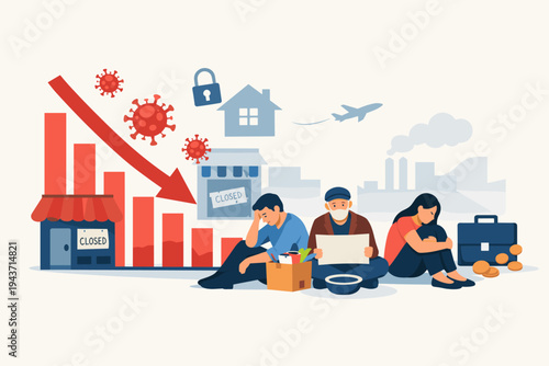 Economic impact and unemployment rise due to Coronavirus pandemic and lockdown with people losing jobs, closed businesses, financial crisis, and global recession concept vector illustration.