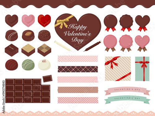 Comprehensive Valentine's Day Chocolate and Gift Set: Vector Illustration of Heart Sweets, Chocolate Bars, Washi Tapes, and Gift Boxes for Romantic Events