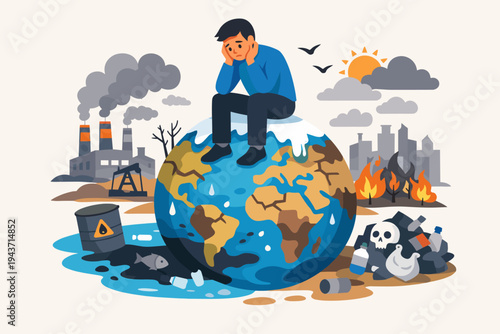 Sad man sitting on a melting and cracked Earth globe surrounded by environmental pollution, factory smoke, oil spills, plastic waste, and wildfires, symbolizing global climate change crisis.
