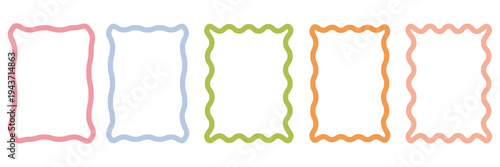 Set of colorful round and oval, rectangular and square, arch shapes with curvy edges. Cute geometric forms with scalloped borders. Empty textboxes, stickers, tags or labels. Vector flat illustration