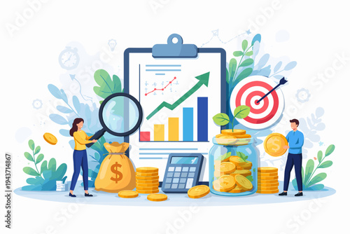 Financial investment and business growth concept with people analyzing data on a clipboard chart, money bag, gold coins in a jar, calculator, and target for success in flat vector illustration.