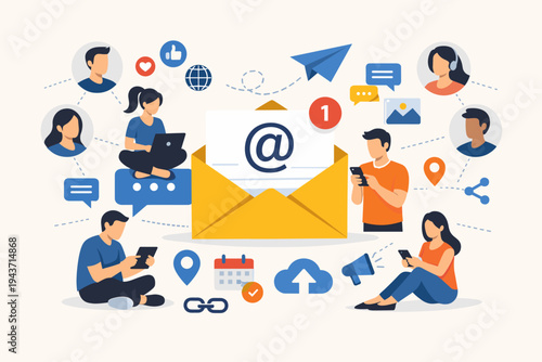 Social Media Networking and Digital Communication Vector Illustration. People Connecting via Email, Messaging, and Mobile Devices for Online Marketing, Community, and Global Connectivity Concept.