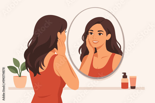 Beautiful young woman admiring her reflection in an oval mirror, smiling and touching her face with confidence. Flat vector illustration of a morning skincare routine, self-care, and self-love.