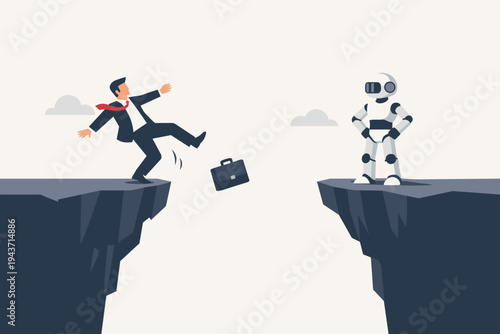 Businessman falling off a cliff as a robot stands on the opposite side, representing job displacement, automation, artificial intelligence replacing human labor, and future work competition.