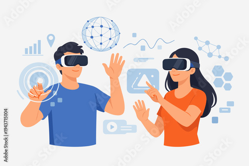 Vector illustration of a man and woman wearing VR headsets and goggles, interacting with a futuristic touch interface, digital globe, and data charts in a metaverse or augmented reality space.