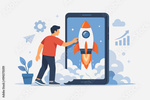 Flat Vector Illustration of a Man Launching a Mobile Application on a Smartphone with a Rocket Taking Off, Symbolizing Startup Success, Business Growth, Innovation, and Digital Marketing Strategy