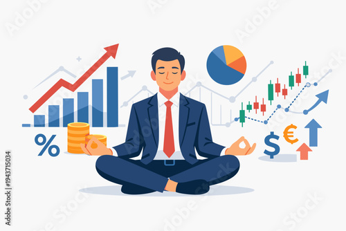 Vector illustration of a calm businessman meditating in lotus pose with financial growth charts, stock market graphs, currency symbols, and coins. Concept of mindful investing and success.