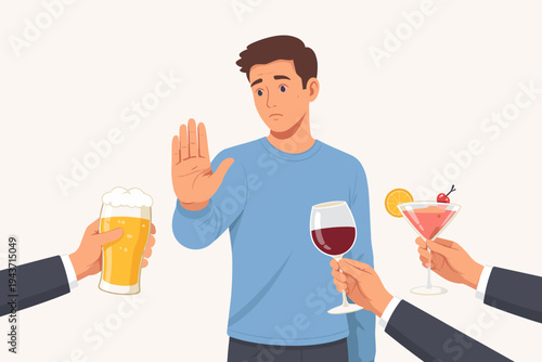 Young man making a stop hand gesture to reject alcoholic drinks like beer, wine, and cocktails offered by hands in suits, representing sobriety, healthy lifestyle, addiction recovery, and willpower.