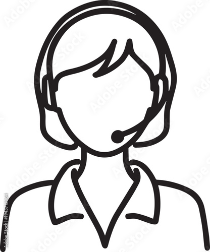 Hand Drawn Female Customer Service Agent Black and White Avatar Illustration in Minimal Line Art Style Design