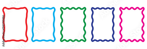 Set of colorful round and oval, rectangular and square, arch shapes with curvy edges. Cute geometric forms with scalloped borders. Empty textboxes, stickers, tags or labels. Vector flat illustration