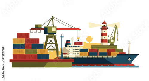 Shipping port illustration with cargo ship lighthouse and crane