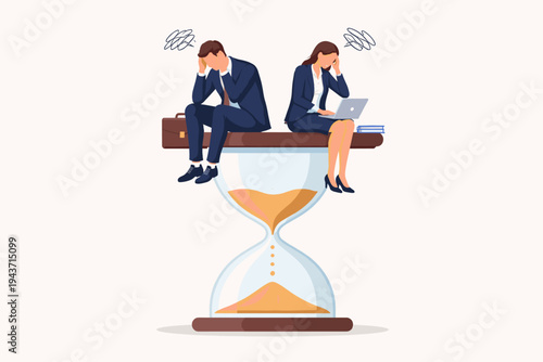 Stressed Business Man and Woman Sitting on a Large Hourglass Representing Deadline Pressure, Time Management Challenges, Workplace Anxiety, and Professional Burnout in a Flat Vector Illustration