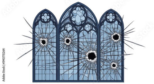 Shattered Gothic Window with Bullet Holes, Symbol of Destruction and Conflict