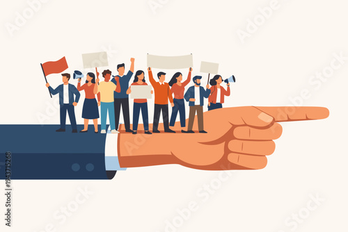 Protest and activism concept vector illustration with a diverse crowd of people holding signs and megaphones standing on a giant hand of a politician pointing the way for a social movement.