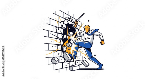 Superhero Breaking Through Brick Wall.