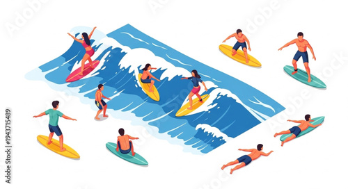 Surfers Riding Ocean Waves Isometric View.