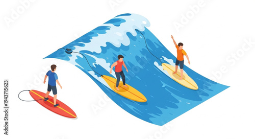 Surfers Riding Wave on Surfboards.