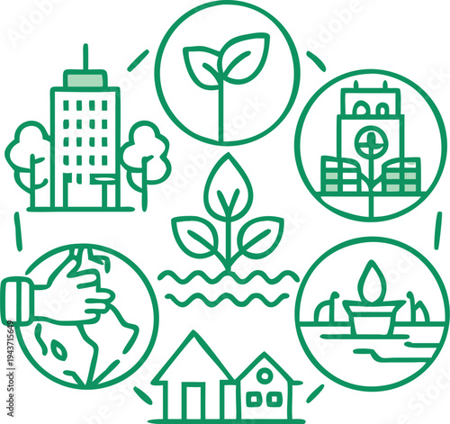 Green line eco icon set with city buildings plants renewable energy water and Earth symbols representing sustainability environmental protection and clean future concept.