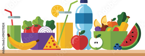 Healthy food flat design banner with fresh fruits vegetables and nutrition concept vector illustration isolatedPrint