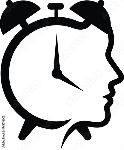 A black silhouette illustration of a woman's head combined with an old-fashioned alarm clock showing the exact time.