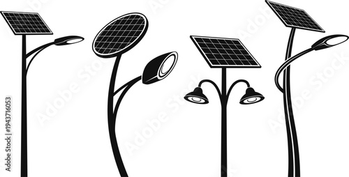 Solar powered street lights silhouette set featuring renewable energy lamp posts with photovoltaic panels for sustainable urban lighting and eco friendly infrastructure isolated vectors.