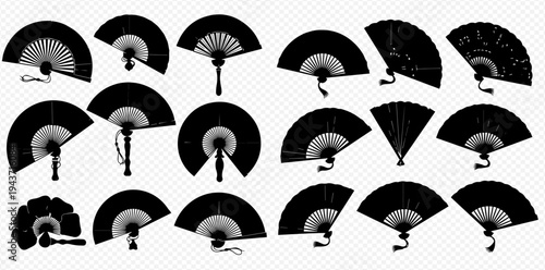 Set of black folding hand fans with various designs and patterns, isolated on transparent background.