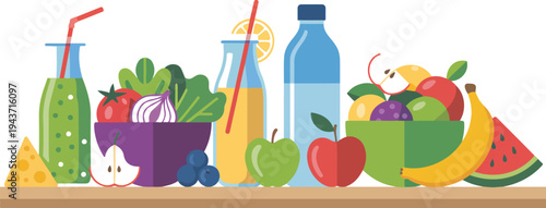 Healthy food flat design banner with fresh fruits vegetables and nutrition concept vector illustration isolatedPrint