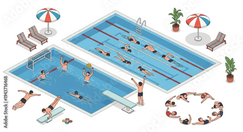 Swimming Pool Scene with People Relaxing.