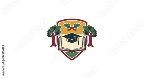 Educational emblem with open book and graduation cap symbol
