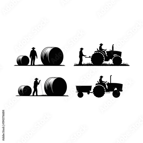Black silhouette set of farmers working with tractors and hay bales in a rural field landscape vector