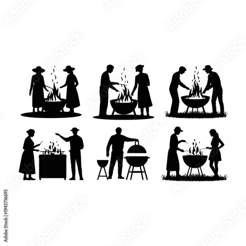 Black silhouette set of people cooking on barbecue grills and campfires for outdoor summer party vector