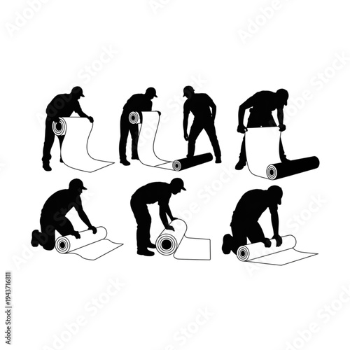 Black and white silhouette of professional floor installers unrolling carpet or linoleum in various working positions