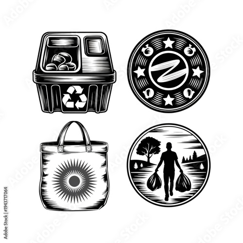 Black and white woodcut illustration set for environmental recycling showing bin reusable bag and waste management