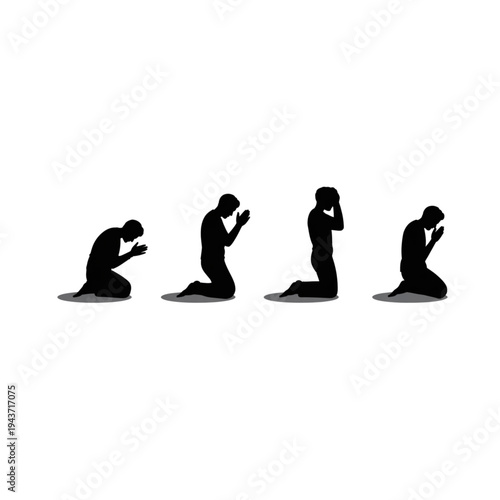 Black and white silhouette illustration of a man kneeling in prayer and meditation with folded hands