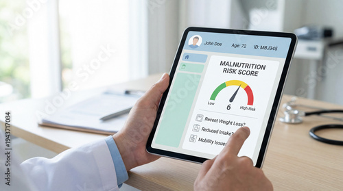 Medical professional holding a tablet with a malnutrition risk score interface showing patient profile, risk gauge, and screening questions on a desk in a clinical setting.
