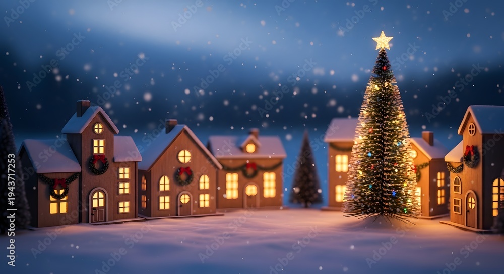 Fototapeta premium Magical Christmas Village Scene with Decorated Tree and Snowfall