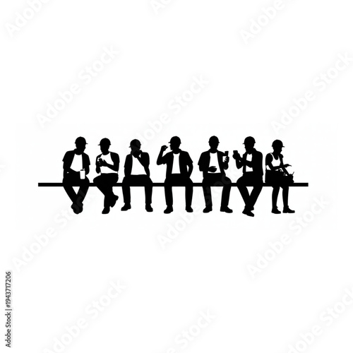 construction, workers, silhouette, beam, lunch, break, black, and, white, vector, illustration, hard, hat, industrial, engineering, labor, team, sitting, skyscraper, building, safety, work, uniform, p